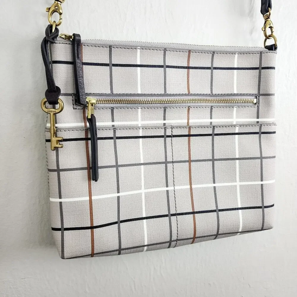 NEW Fossil Fiona Large Crossbody Bag Gray Beige Plaid Neutral Checkered Purse